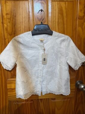 White Eyelet Embroidered Button Front Blouse